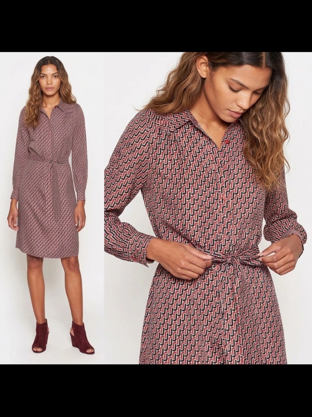 NWT Joie Silk Geometric Print Long-Sleeve Shirt Dress Sash Belt Collar Red Black